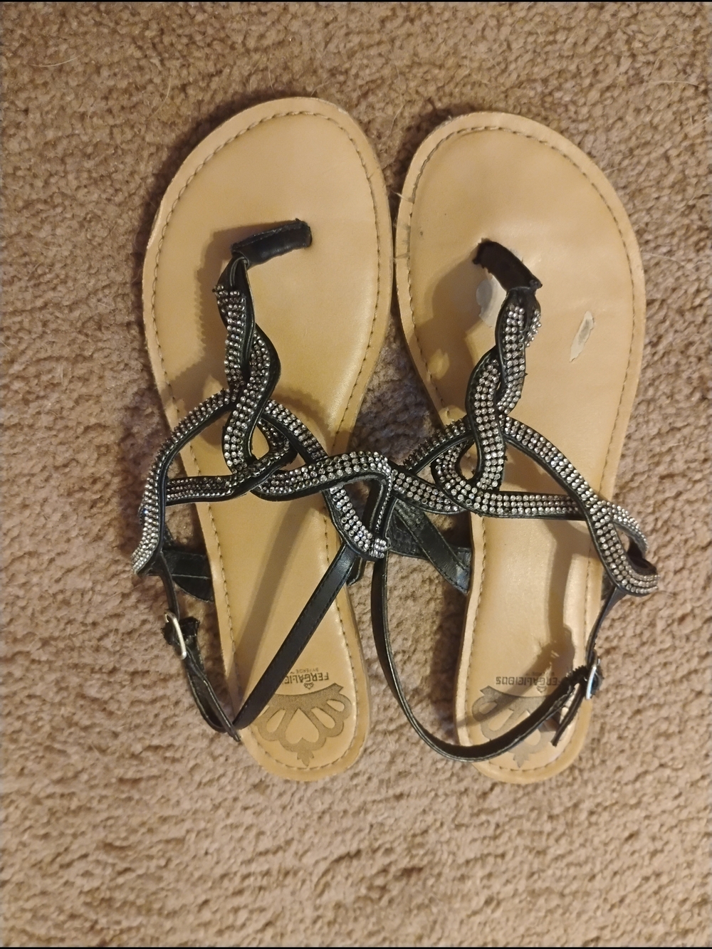 2/$11 Fergalicious Black Beaded T-Strap Sandals